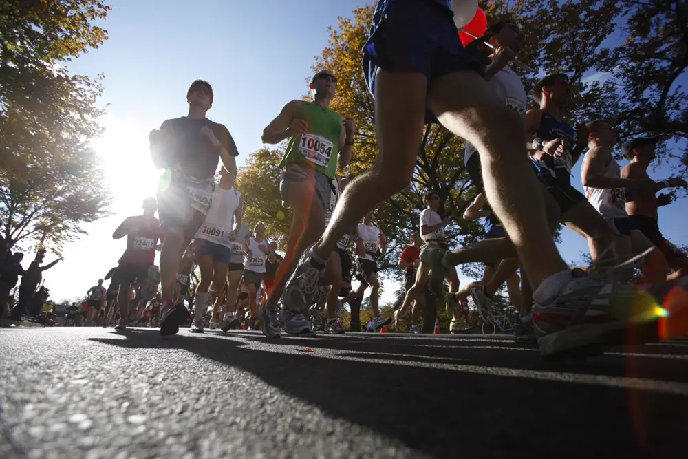 Corredores de maratón en plena carrera sobre el asfalto con árboles de otoño, referencia al contenido de running en Instagram Chile